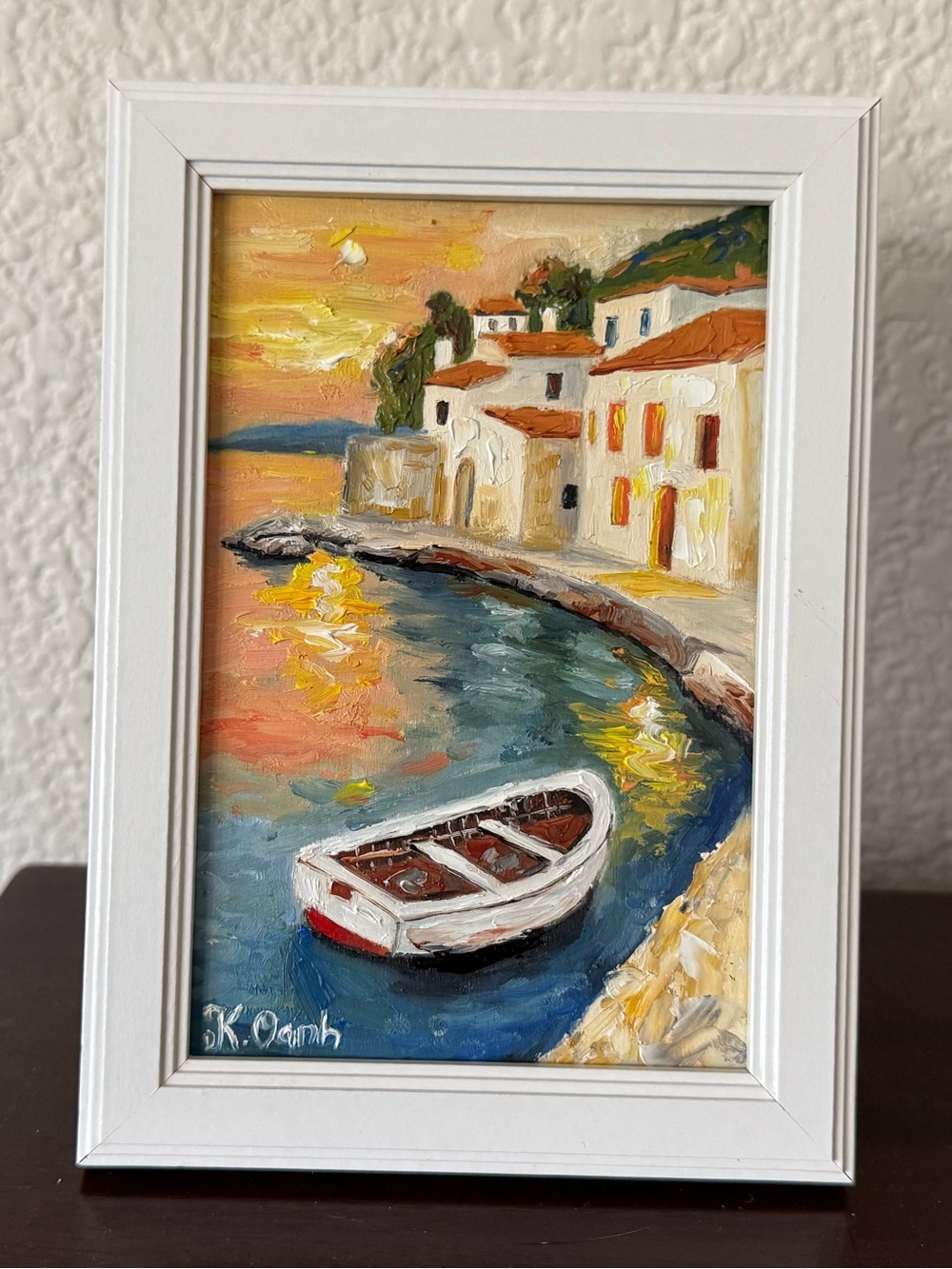 Original oil painting Sunset Boat landscape seascape signed framed 4x6 inches